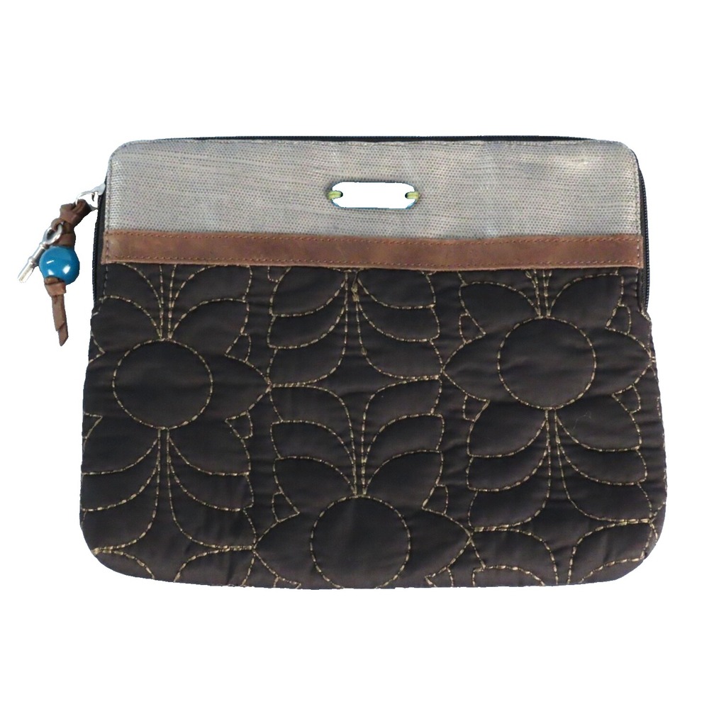Vintage FOSSIL KEY-PER Quilted Black w/Brown & Gray Leather CLUTCH BAG PURSE